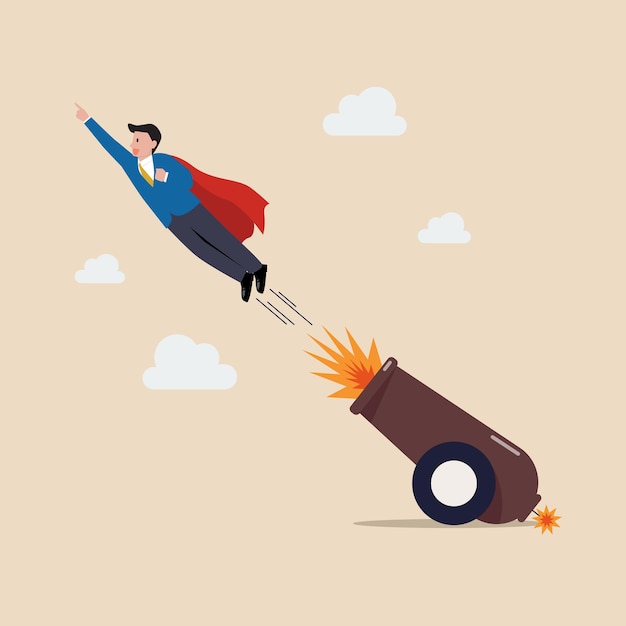 Businessman shot from explosive cannon. Vector illustration. Career boost or job promoted advancement in work concept.