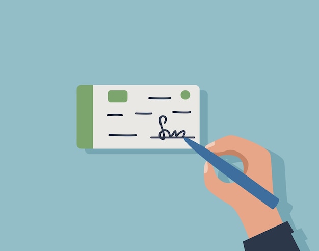 A businessman signs a check for payment or a checkbook Vector illustration flat cartoon style