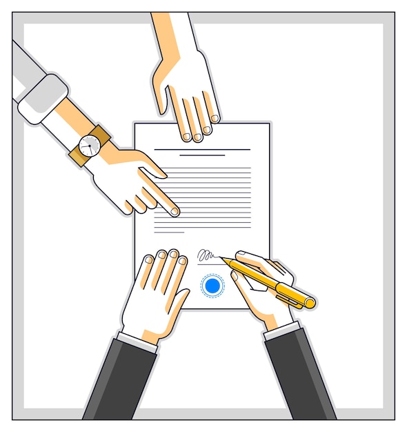 Vector businessman signs contract paper document or bank customer write a sign on financial form of money credit and employee helps him and explains the terms of loan, top view of people hands. vector.