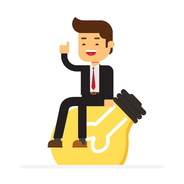 businessman sitting on big idea light bulb