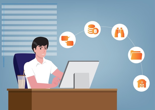 A businessman sitting at a desk with a computer He is planning to do business step by step flat style modern vector illustration