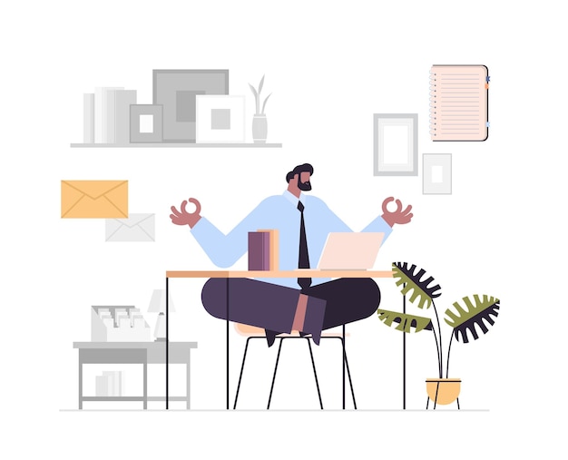 Vector businessman sitting lotus pose at workplace business man doing yoga exercise meditation relaxation concept office interior horizontal full length vector illustration