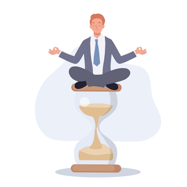 Businessman sitting lotus position on sand clock time Meditation Vector illustration