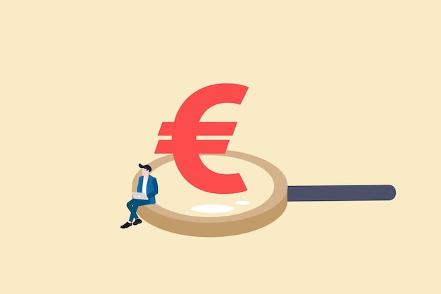 Businessman sitting on magnifying glass checking euro sign concept of investment opportunity financial success or salary raise