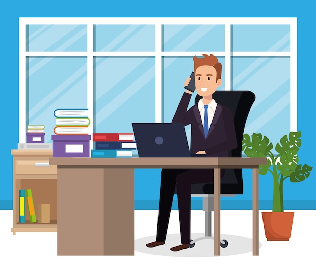 businessman sitting in the office vector illustration design