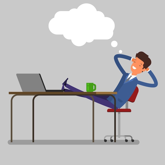 Businessman sitting at the table and dreaming. Flat design, vector illustration.