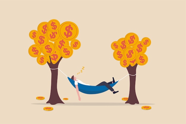 businessman sleeping in hammock tied on money tree with dollar coins