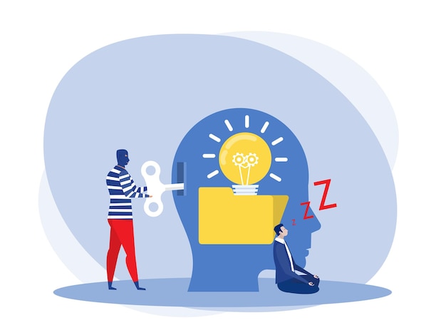 Businessman sleeping or Tired creating an idea with Man steal idea from unlock a bulb concept