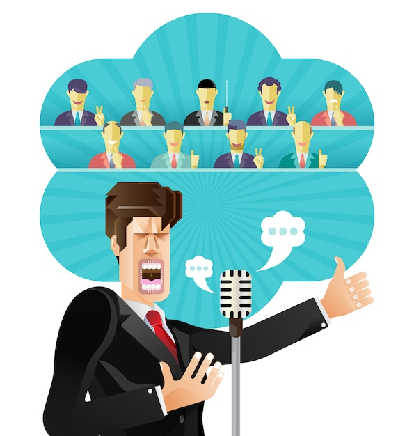 Vector businessman speech with microphone, a businessman giving a speech to a crowd of people