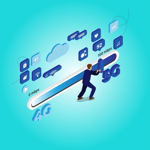 Businessman speeds up wireless internet isometric 3d