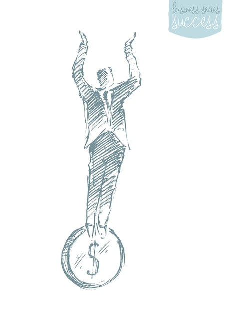 Businessman stand on coin. Financial stability. Concept vector illustration, sketch