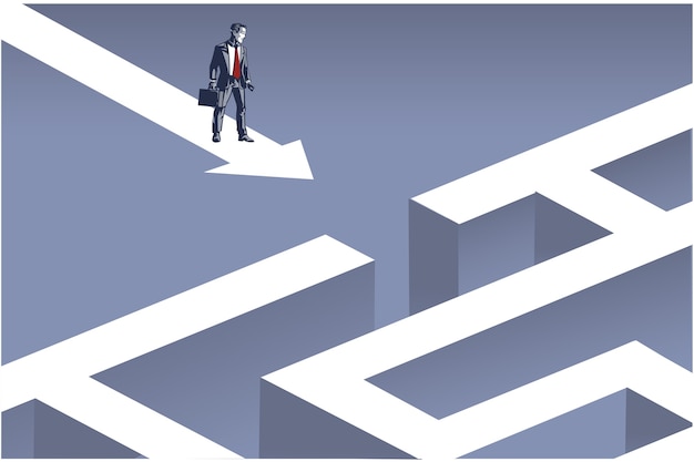 Businessman Standing on Arrow Heading to Entrance of Huge Jigsaw Puzzle Blue Collar Conceptual Illustration