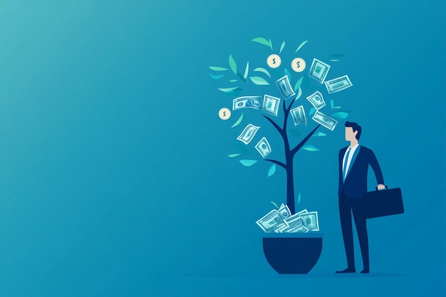 Vector businessman standing beside money tree