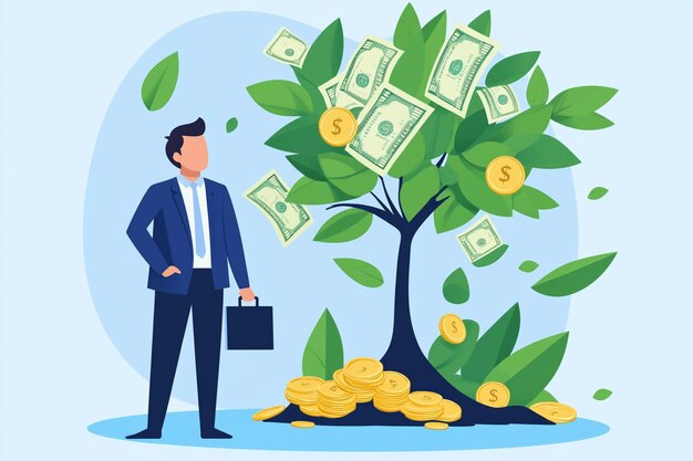 Vector businessman standing beside money tree