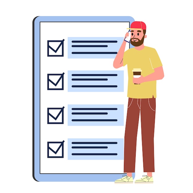 Businessman standing at the big checklist. Character check plan on the paper.   illustration