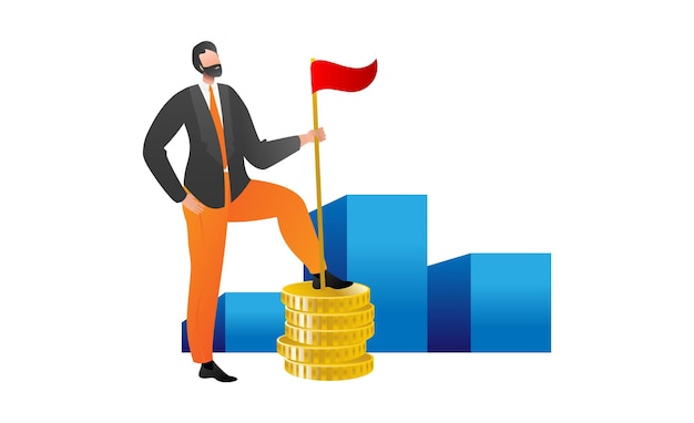 Businessman standing on coins in front of bar graph holding red flag Achievement in financial success and growth concept Business goal and victory vector illustration