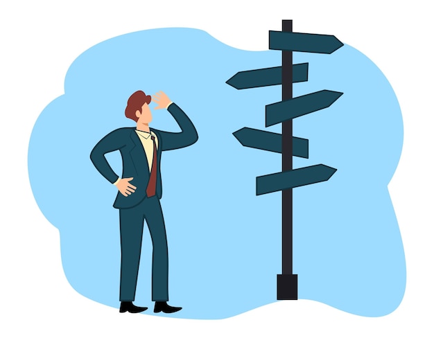 Vector businessman standing at a crossroad and looking directional signs arrows in difficult choice