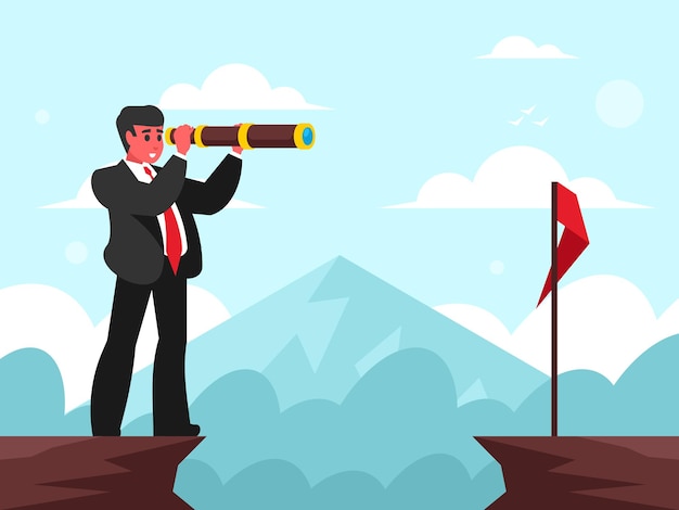 Vector businessman standing on the edge of a cliff looking through a spyglass search for new employees the