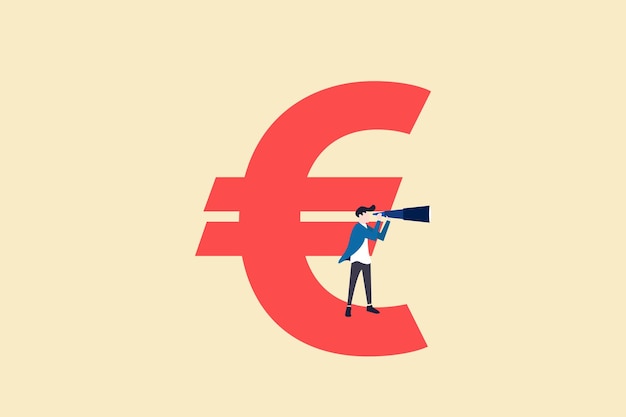 Businessman standing on Euro currency sign using telescope concept of forecast investment and stock market