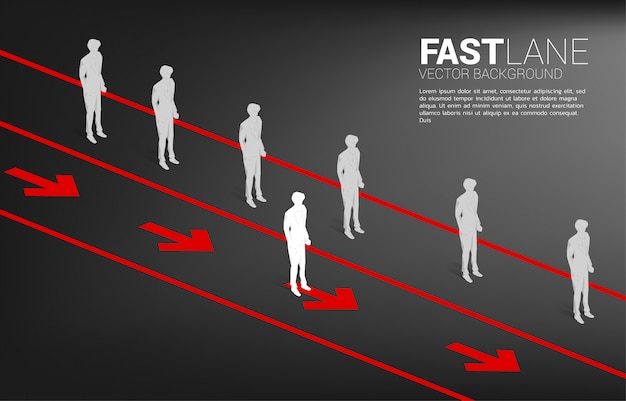 Vector businessman standing on fast lane is move faster than group on queue. business concept of fast lane for moving and disruption.