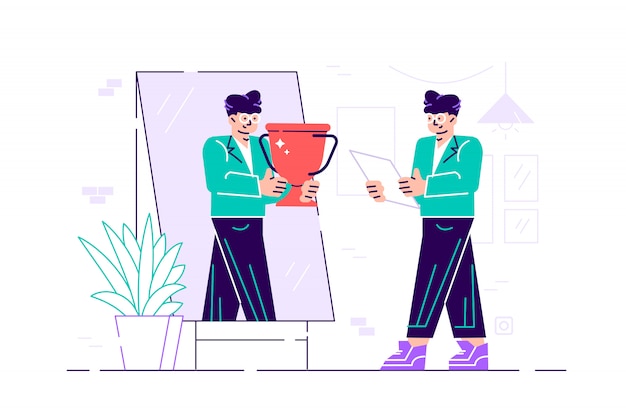 Businessman standing in front of a mirror looking at her reflection and imagine yourself successful. Business concept. Flat style modern design  illustration for web page, cards, poster, banner