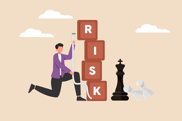 Businessman standing in front of risk box measuring risk level with chess king Risk Management Flat vector illustration isolated