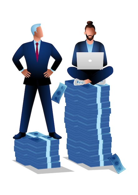 Businessman standing on higher stack of money than other businessmen