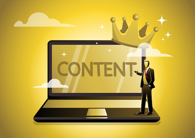 Businessman standing on laptop with the word content