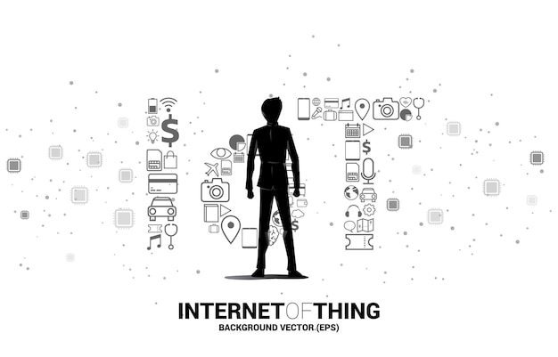 Businessman standing Many icon shape IoT wording . Concept for telecommunication and internet of things.