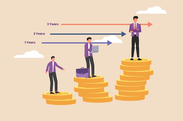 Businessman standing on pile of coins their wealth based on length of work in office Human resources concept Colored flat graphic vector illustration isolated