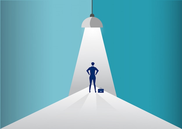 Businessman standing in spotlight or searchlight looking for new career opportunities. illustration.