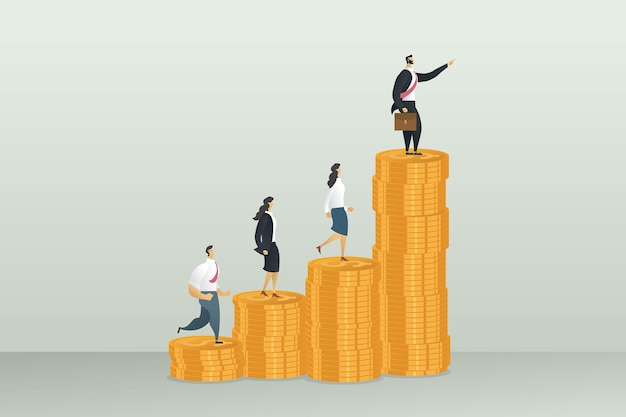 Vector businessman standing on top of the pile of coins