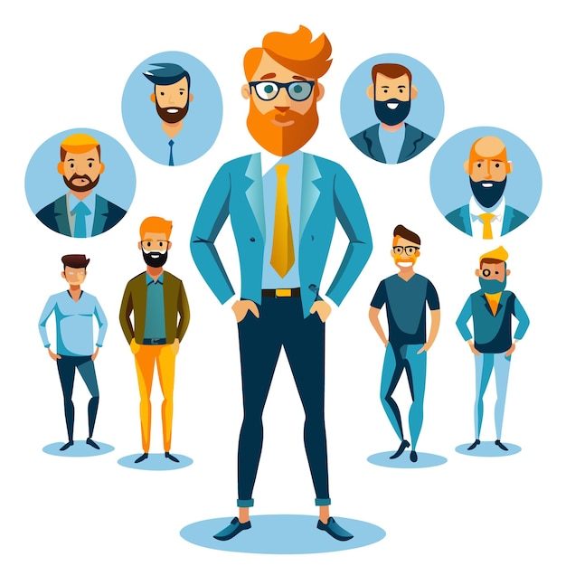 Vector a businessman stands in the center of a group of people with their faces depicted in circles around him