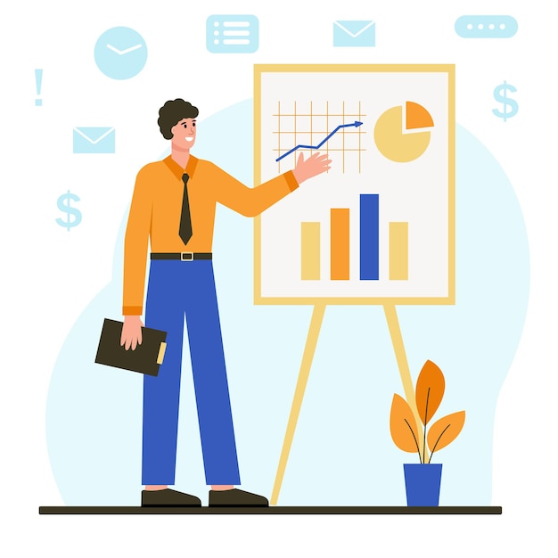 Businessman stands next to flipchart or presentation screen with graph and chart