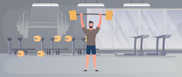 A businessman stands with a mountain of coins and raises the barbell. A man in a suit with a barbell. The concept of a successful business and revenue growth. Isolated. Vector.