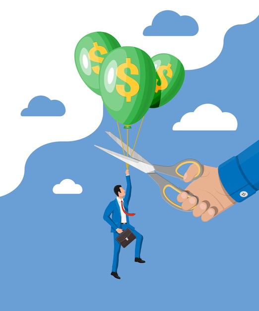 Businessman in suit flying a balloon and hand with scissors Concept of economy problem or financial crisis recession inflation bankruptcy income lost loss of capital Flat vector illustration