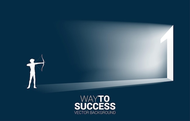 Businessman in suit shoot the arrow to exit door number one Concept of career start up and champion business solution