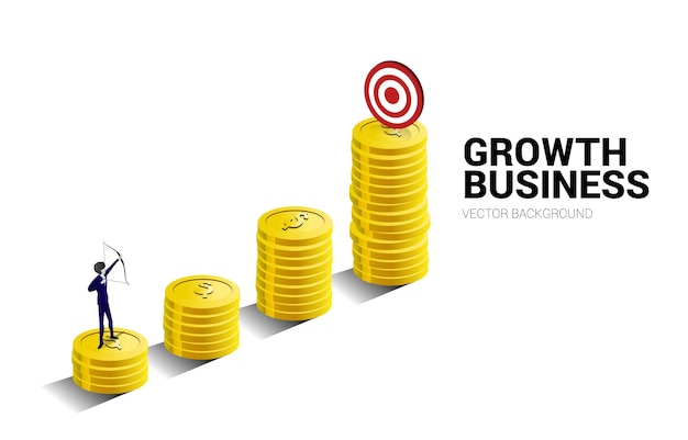 Businessman in suit shoot the arrow to target on money coin stack Business Concept of marketing target and customer