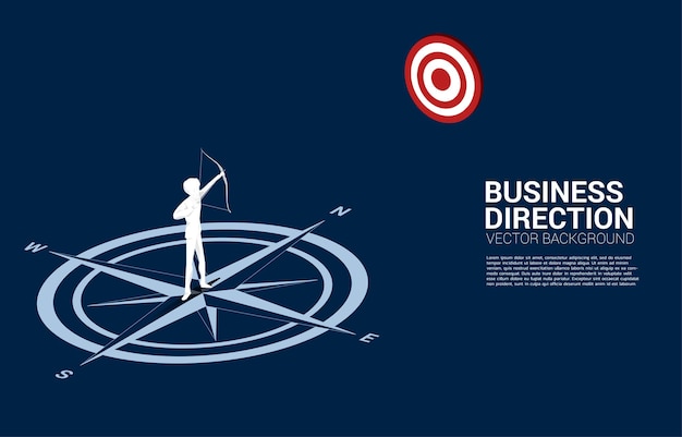 Businessman in suit shoot the arrow to target standing at center of compass on floorConcept of career path and business direction