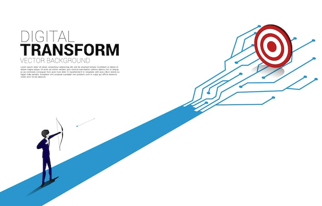 Businessman in suit shoot the arrow to target on the way with dot connect line circuit concept of digital transformation of business