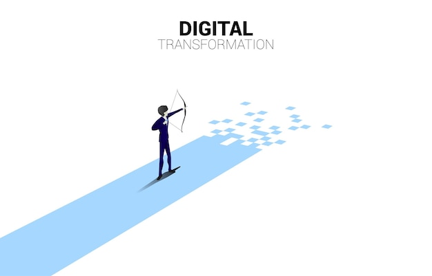 Businessman in suit shoot the arrow to target on the way with dot pixel concept of digital transformation of business