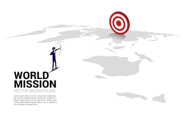 Businessman in suit shoot the arrow on world map Business Concept of world target mission