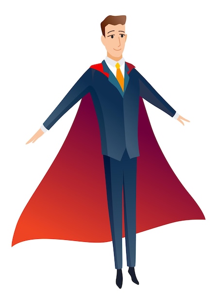 Businessman superhero character Office worker or manager in costume and red fluttering cloak cape Cartoon powerful man in spectacular action pose superhero Vector isolated on white background