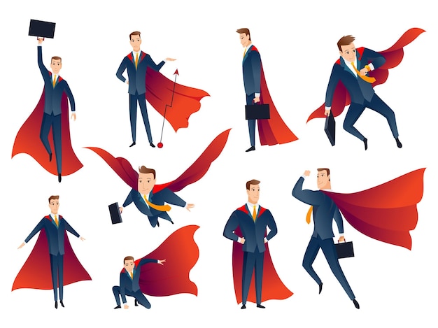 Businessman superheroes characters collection Office workers managers in costume and red fluttering cloak cape Cartoon powerful man in various spectacular action poses superheroes