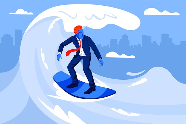 Businessman surfing on the wave Business concept illustration