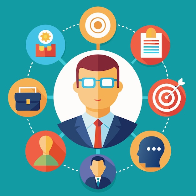 Vector businessman surrounded by icons representing work goals and strategy