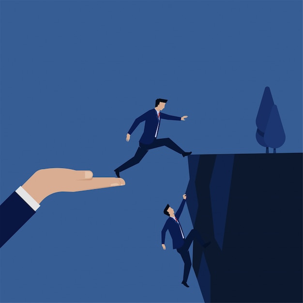 businessman take a leap to reach the hill metaphor of risk and strategy.