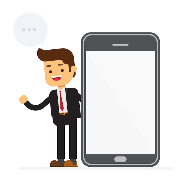 Businessman talking beside big smart phone with blank screen