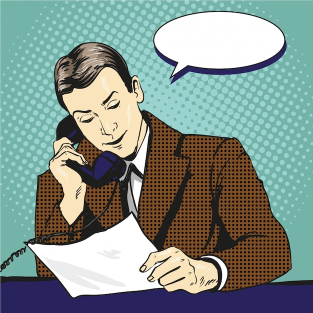 Businessman talking by phone and reading documents.  illustration in retro pop art comic style