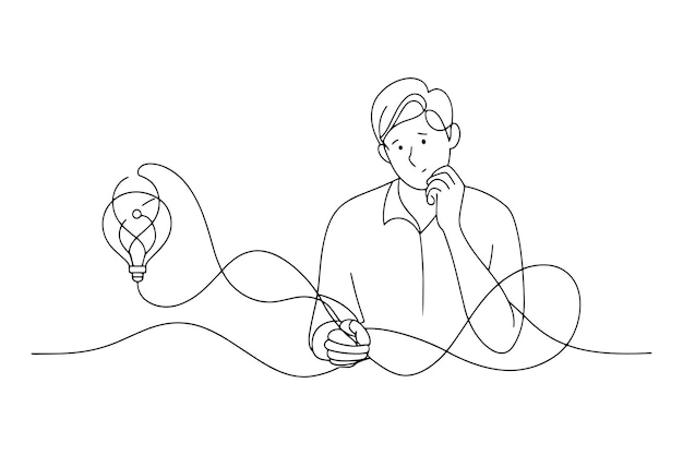 Businessman thinking about solving the problems continuous line art vector illustration